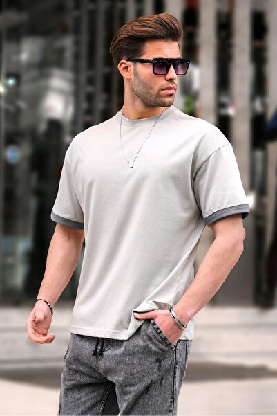 Madmext Βαμμένο γκρι Oversize T-Shirt Crew Neck 6184