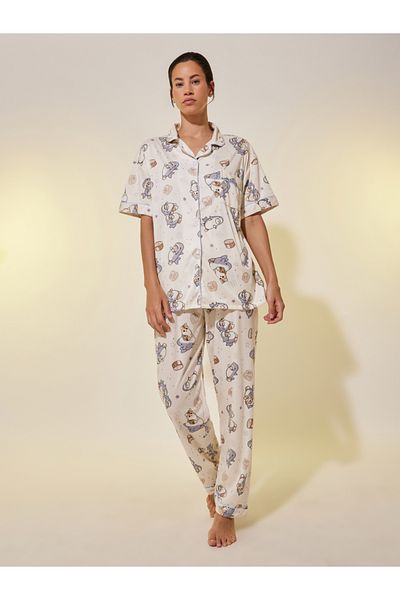 Styli Cartoon Printed Short Sleeve Shirt, Shorts and Pyjama Set