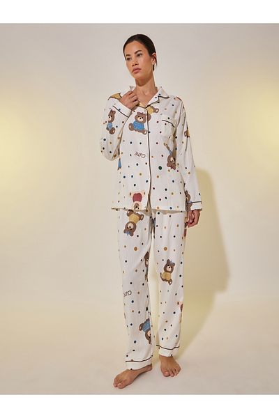 Styli Bear Print Long Sleeve Shirt and Pyjama Set