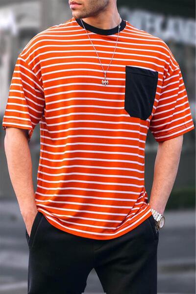 Madmext Ανδρικό πορτοκαλί ριγέ βασικό μπλουζάκι 6084