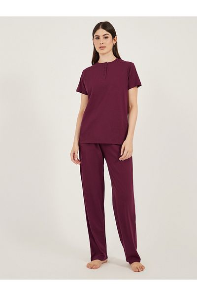 Styli Burgundy Knitted T-Shirt and Straight Pyjama Set for Women