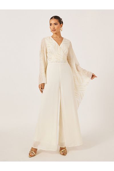 Styli Cream Foil Print Wide Leg Jumpsuit