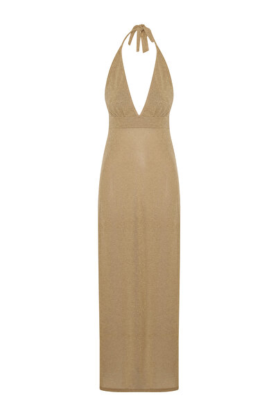 AQUELLA Askılı Gold Lurex Elbise