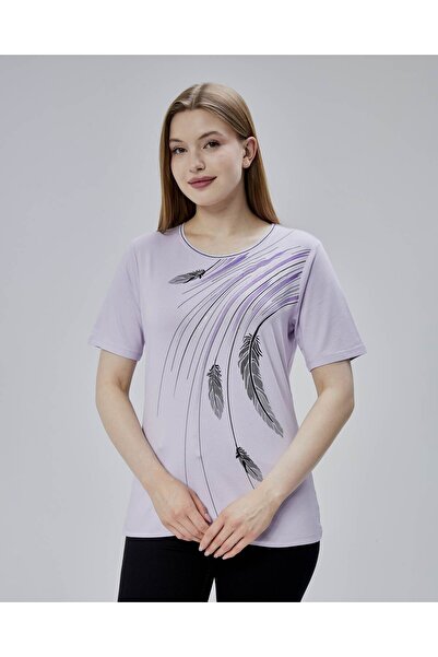 YXL COLLECTION Γυναικεία μπλούζα με κοντό μανίκι με στάμπα με φύλλα Lycra Plu...