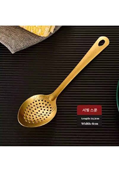 Kitchen Beauty Gold Lüx Paslanmaz Çelik Servis Süzgeçli Kaşık Büyük Boy 32 Cm