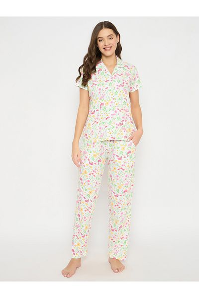 Clovia By Styli Women Floral Print Button Down Shirt & Pyjama Set
