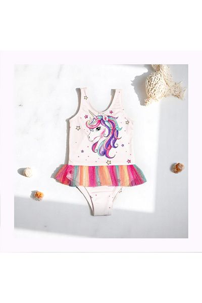 MİLAYS LİFE HOME COLLECTİON Girl's Uni̇Corn Printed Skirṫ Colorful Tulle Detailed Swimsuit