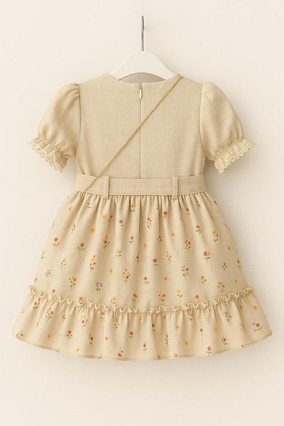 XORVİO Girl's Beige Floral Patterned Belted Buttoned Dress Short Sleeve Back Zipper Linen Dress