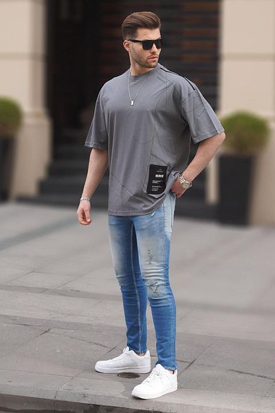 Madmext Ανδρικό μπλουζάκι με καπνιστό σχέδιο Oversize 7004