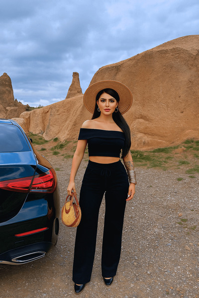 Zerenyus Madonna ovratnik, široke pantalone, crni dupli set