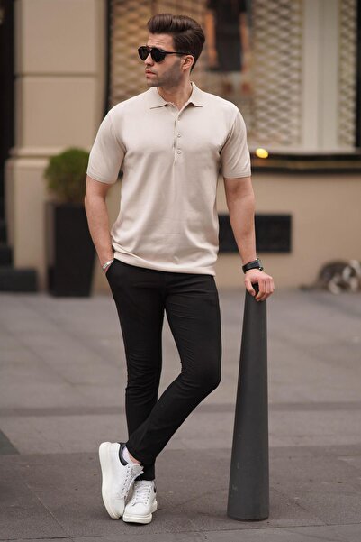 Madmext Πέτρινο ανδρικό μπλουζάκι με γιακά πόλο μονόχρωμο 6878