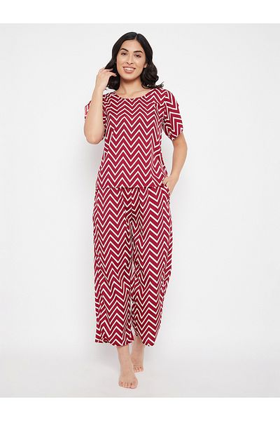Clovia By Styli Women's Red Chevron Print Top & Pyjama Set