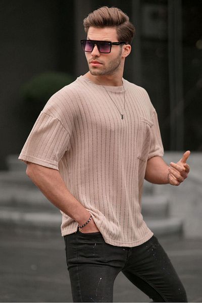 Madmext Μπεζ ανδρικό μπλουζάκι Oversize 6180