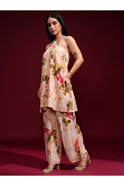 Vishudh By Styli Floral Printed Halter Neck Tunic and Palazzo Pants Co-Ords