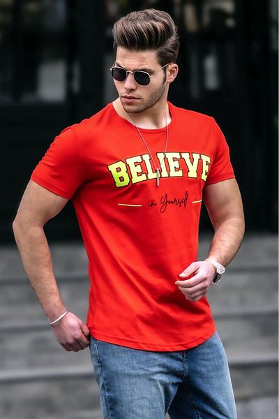 Madmext Neon Embroidery Printed Red Men's T-Shirt 4540