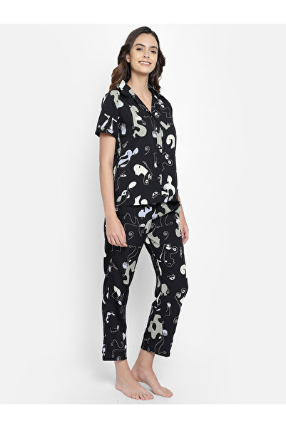 Clovia By Styli Women's Abstract Print Button Down Shirt & Black Pyjama Sets