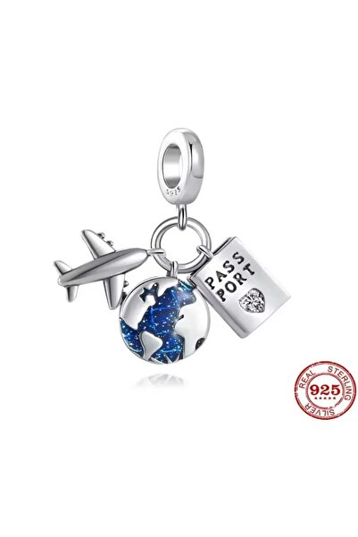 POSEİDONS JEWELLERY Üçlü Sallantılı Dünya,uçak Ve Pasaport Temalı Gümüş Charm