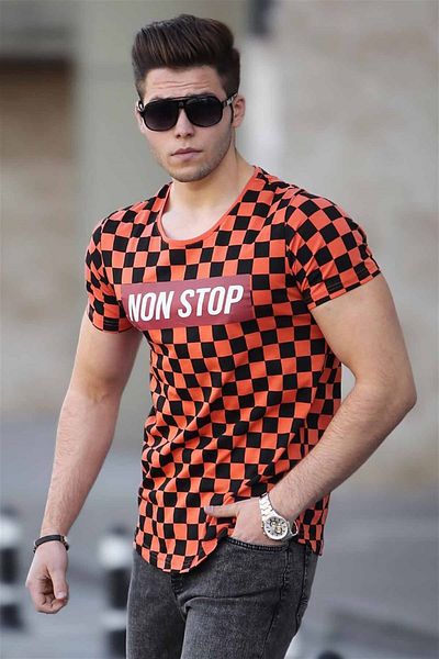 Madmext Πορτοκαλί μπλουζάκι με στάμπα σκακιέρας 2621