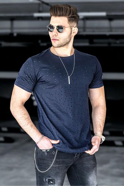 Madmext Tricou albastru bleumarin cu detalii rupte 2883