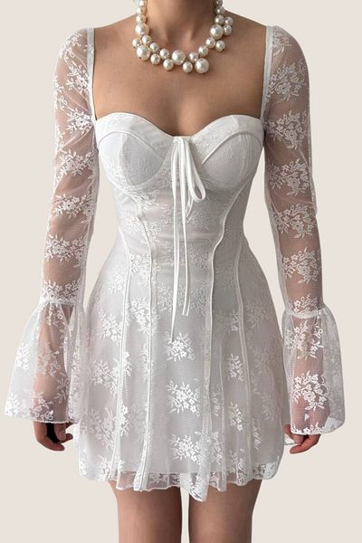 lovebox Lace Mini Dress Shiny Long Sleeve Party Prom Evening Party Mini Dress Etk-001