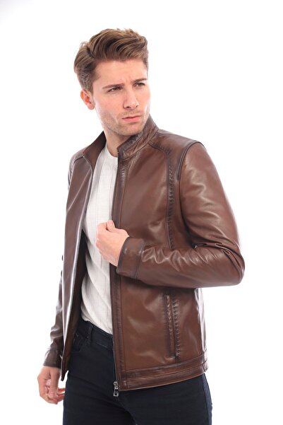 saremod سترة جلدية بياقة القاضي - معطف من الجلد الطبيعي