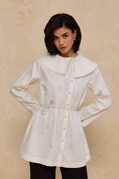 Merve Gültekin Contrast Stitched Asymmetric Collar Shirt Jacket White