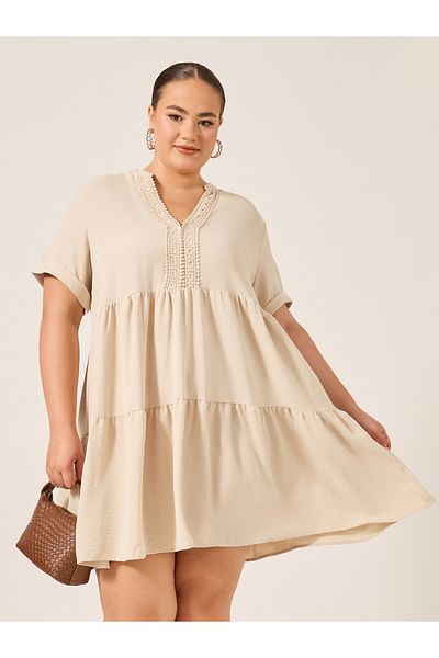 Styli Beige A-Line Mini Dress with Lace Detail