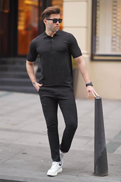 Madmext Μαύρο ανδρικό μονόχρωμο μπλουζάκι Polo Neck 6878