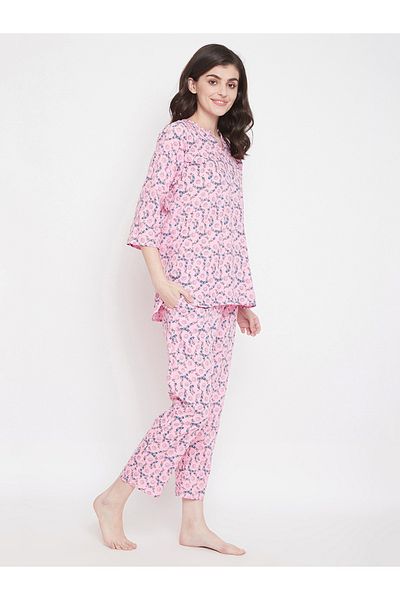 Clovia By Styli Women's Printed Pink Cotton Blend Pajama Set