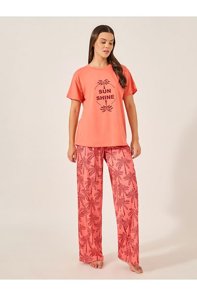 Styli Palm Graphic Print Dropped Shoulder T-Shirt and Straight Pyjama Set