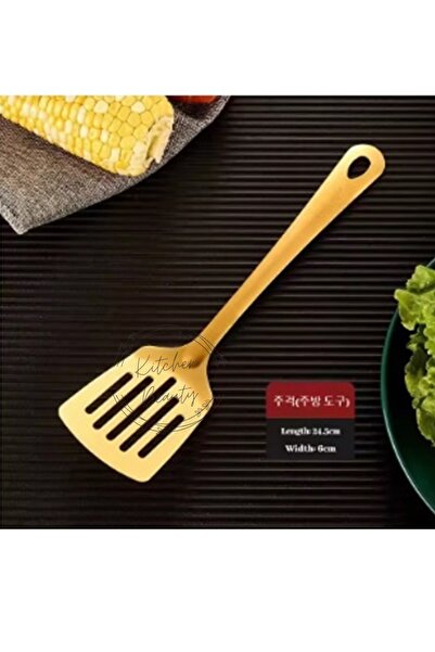 Kitchen Beauty Gold Lüx Paslanmaz Çelik Servis Süzgeçli Spatula Büyük Boy 32 Cm