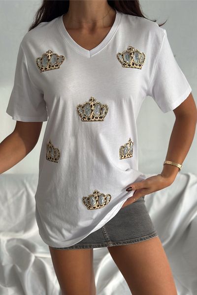 FEMELLE Women's White V-Neck Large Size King Crown Sequin Sequin Embroidered 100% Cotton T-Shirt