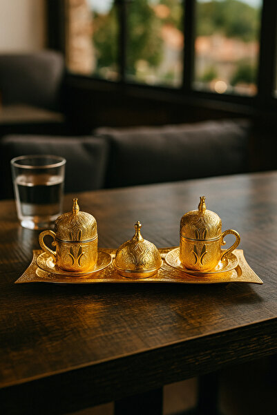 Arma House Ottoman Series Tepsili Altın Renkli Çift Kişilik Kahve Fincan Seti...
