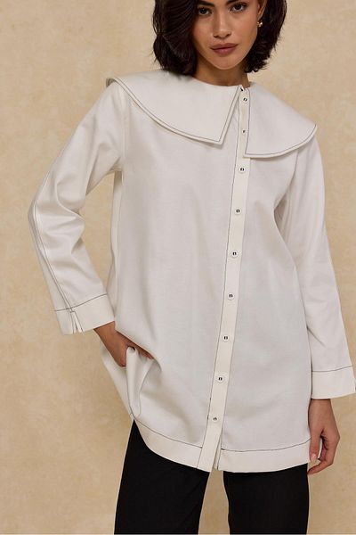 Merve Gültekin Contrast Stitched Asymmetric Collar Shirt Jacket White