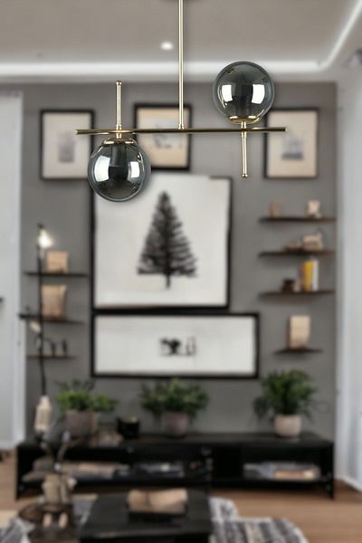 Fer Avize Cello Modern Design - Metal Gold Color Smoked Glass Dining Table Top - Living Room 2-Piece Chandelier