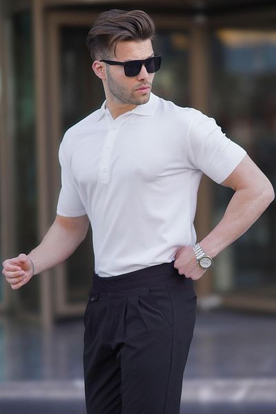 Madmext Weißes, einfarbiges T-Shirt mit Polokragen für Herren 6878