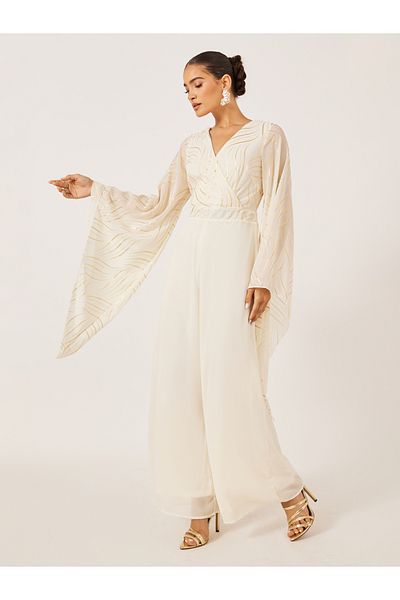 Styli Cream Foil Print Wide Leg Jumpsuit