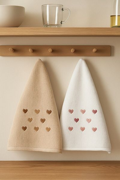 Arma House Set of 2 Cream & White Heart Embroidered Kitchen Towels 30X50 cm