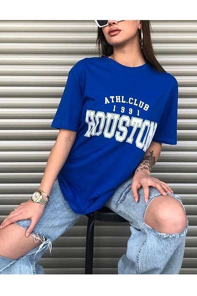 İpli Tricou oversize Houston Printed Saks culoare albastru