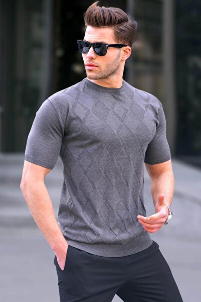 Madmext Anthracite Diamond Patterned Knitwear Short Sleeve T-Shirt 6354