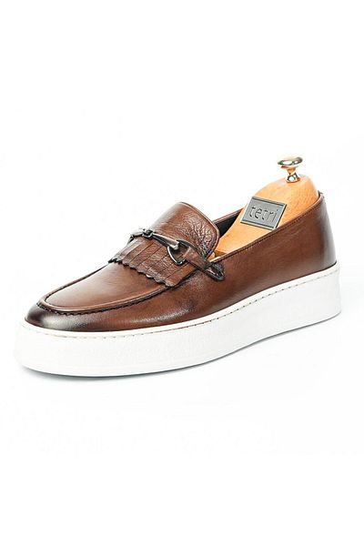 TETRİ Hector Model Genuine Leather Handmade Men's Brown Loafer Shoes