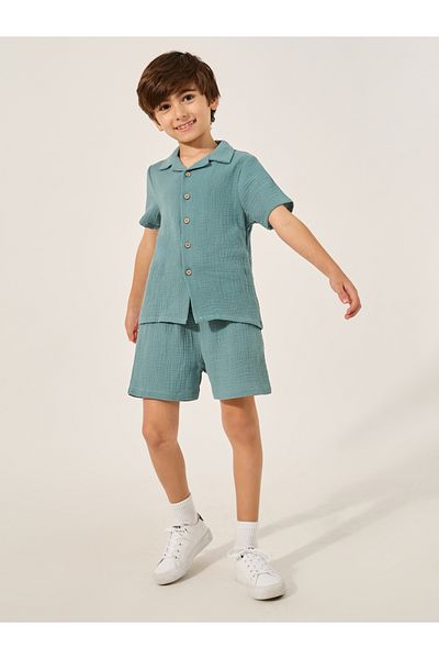 Styli Plain Crinkled Short Sleeve Shirt and Shorts Set