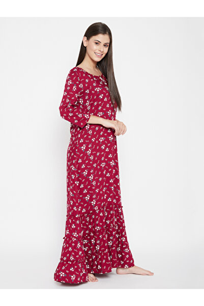 Clovia By Styli Women Maroon Floral 3/4 Sleeve Nighty Nightdress