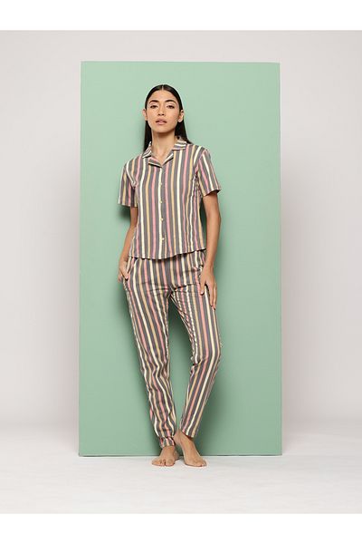 Leading Lady By Styli Striped Cotton Knit Shirt and Pyjama Set