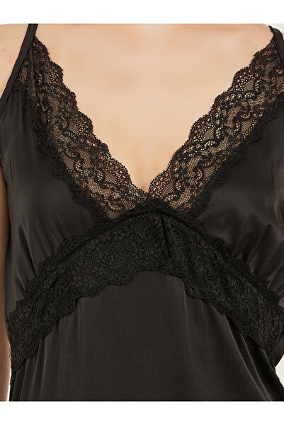Styli Black Lace Trim Satin Slip Dress
