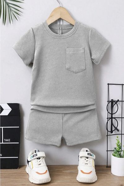 Bubito Waffle Visual Pocket Detailed Cotton Summer Baby Kids Shorts Set-Grey