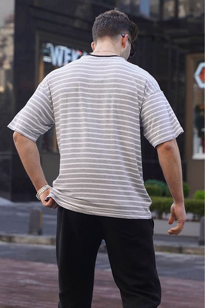 Madmext Ανδρικό γκρι ριγέ βασικό μπλουζάκι 6084