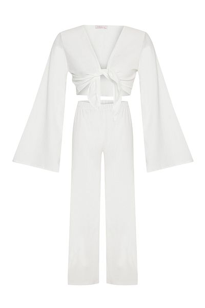 AQUELLA Textured White Crop Top-Pants Set