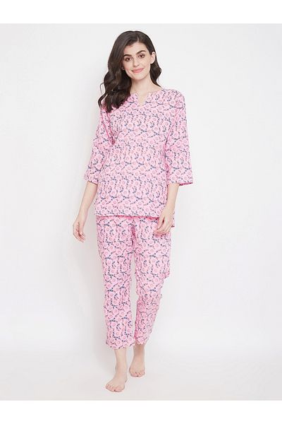 Clovia By Styli Women's Printed Pink Cotton Blend Pajama Set