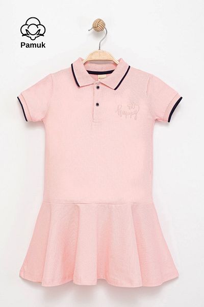 MK Mukko Kids Girl's Polo Neck Flared Ruffled Embroidered Cotton Summer Short Sleeve Dress